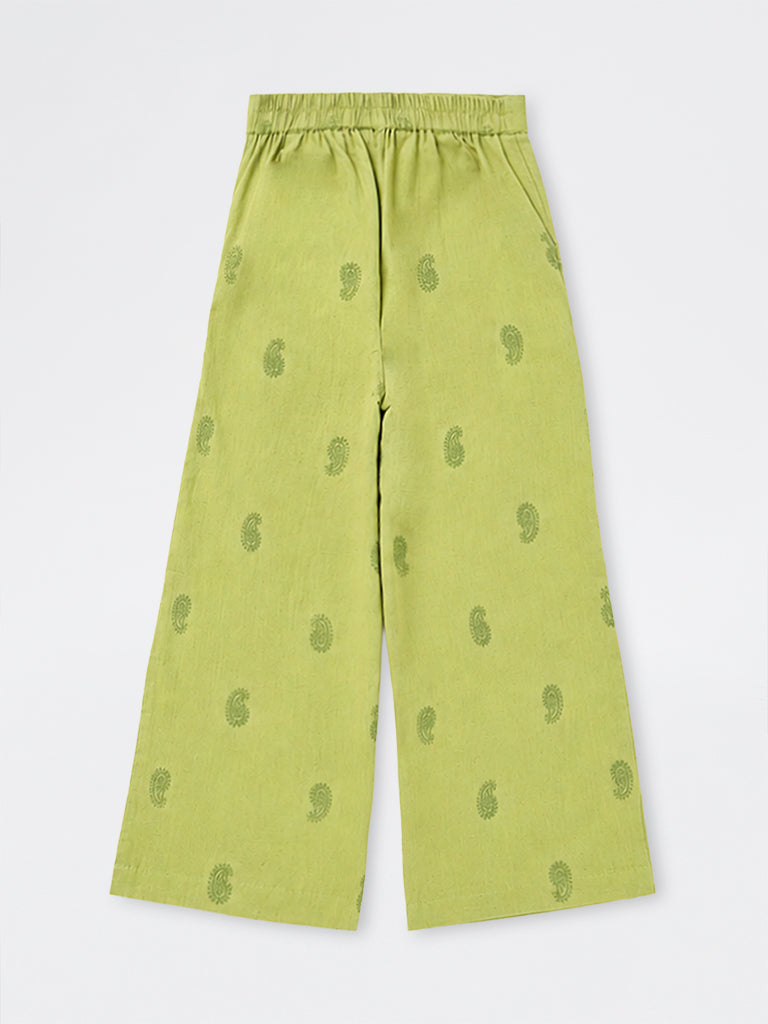 Utsa Kids Girls Green Paisley Embroidered Cotton-Blend Ethnic Pants - (8-14 yrs)