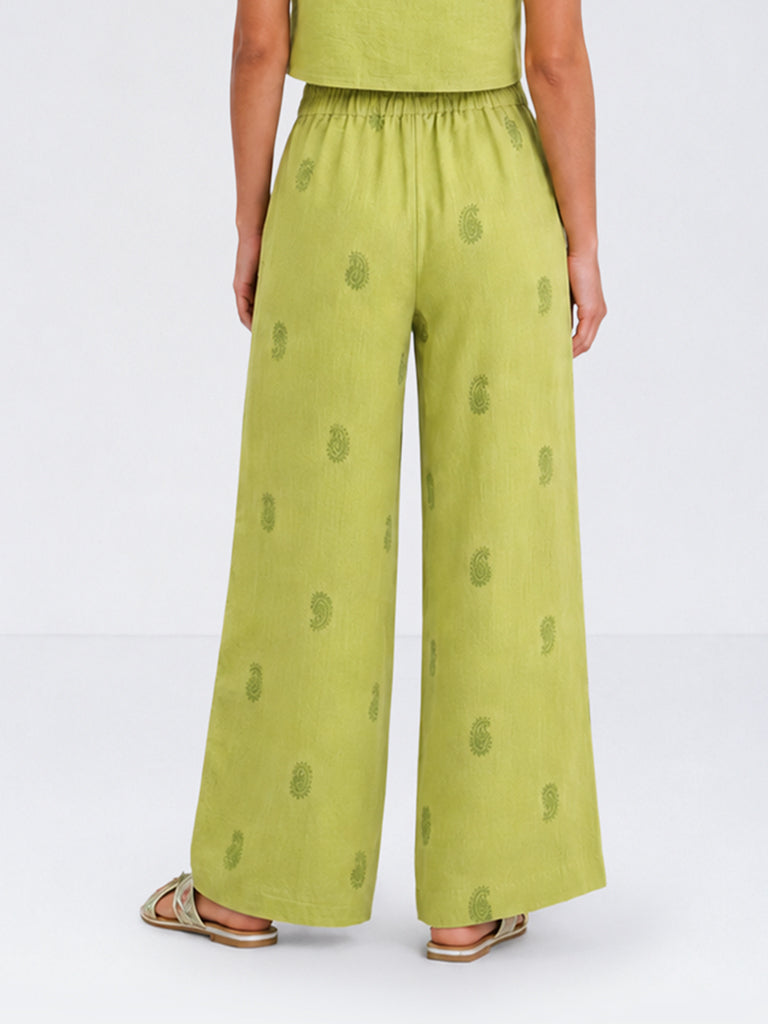 Utsa Kids Girls Green Paisley Embroidered Cotton-Blend Ethnic Pants - (8-14 yrs)