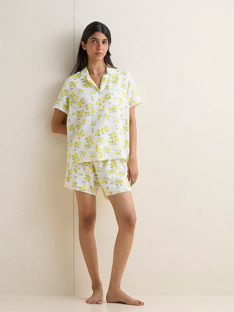 Wunderlove Ivory Floral Pattern Cotton Shirt and Shorts Set