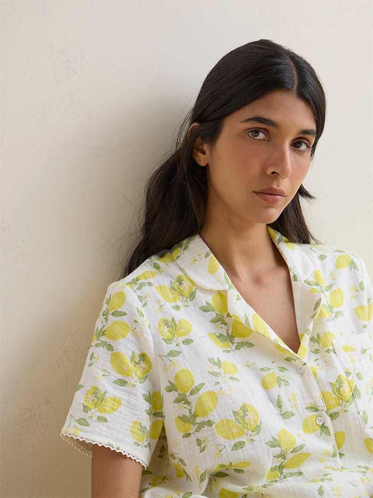 Wunderlove Ivory Floral Pattern Cotton Shirt and Shorts Set