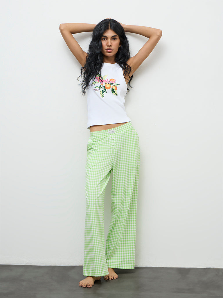 Superstar Green Checkered High-Rise Cotton-Blend Pants