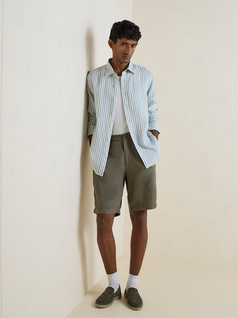 Ascot Sage Green Striped Relaxed-Fit Linen Shirt