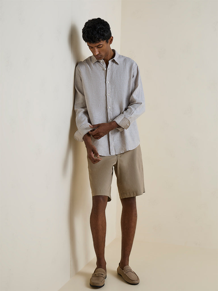Ascot Taupe Striped Relaxed-Fit Linen Shirt