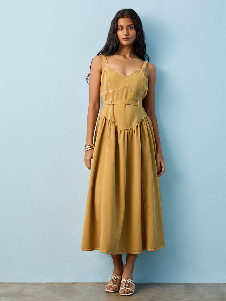 LOV Khaki Solid Cotton A-Line Dress with Belt