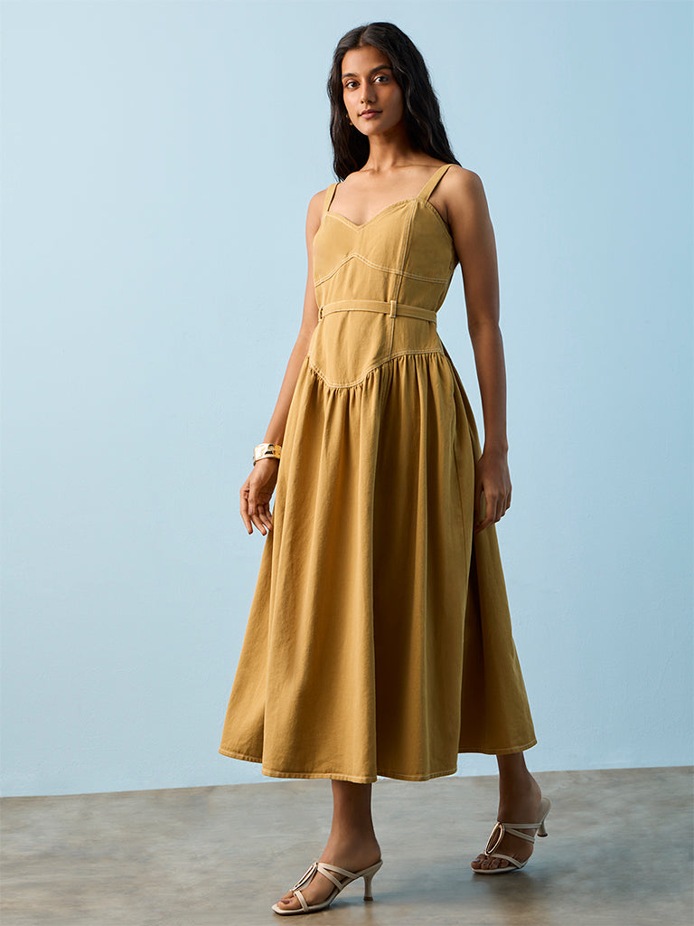 LOV Khaki Solid Cotton A-Line Dress with Belt