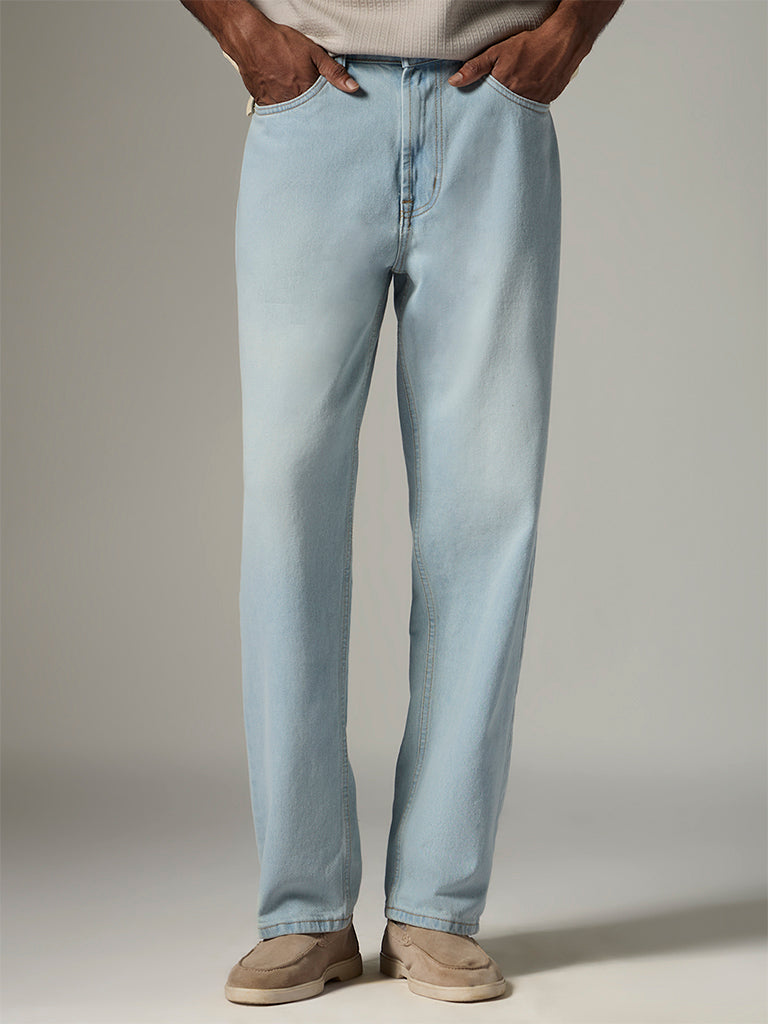 WES Casuals Light Blue Washed Straight-Fit Mid-Rise Jeans