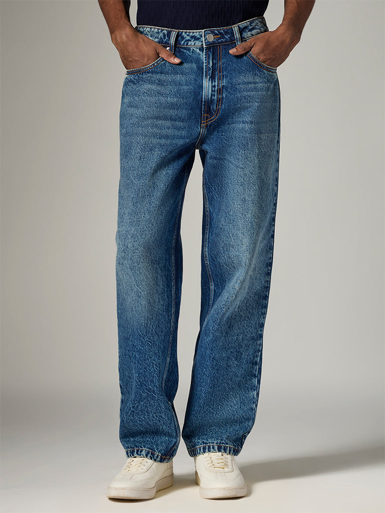 WES Casuals Dark Blue Washed Straight-Fit Mid-Rise Jeans