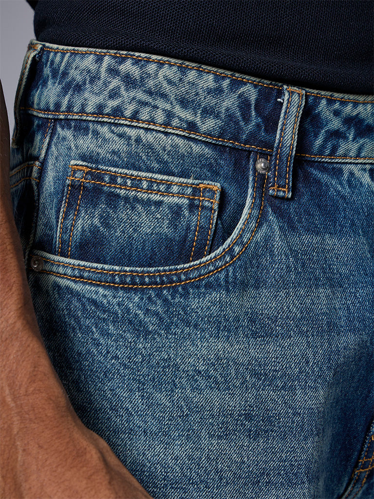 WES Casuals Dark Blue Washed Straight-Fit Mid-Rise Jeans