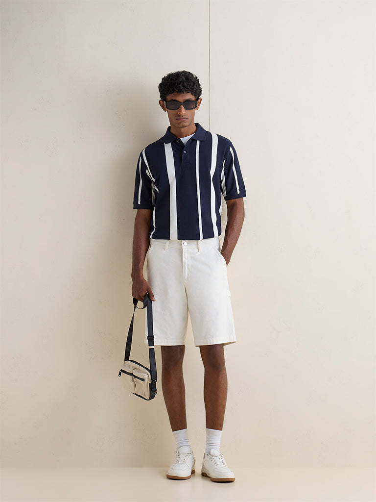 WES Casuals Navy Striped Relaxed-Fit Cotton-Blend Polo T-Shirt