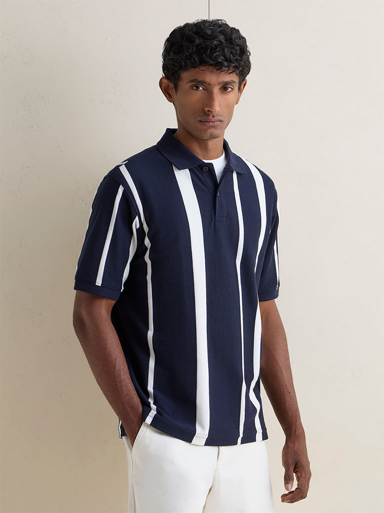 WES Casuals Navy Striped Relaxed-Fit Cotton-Blend Polo T-Shirt