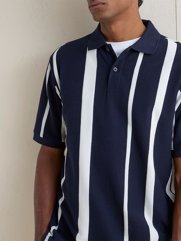 WES Casuals Navy Striped Relaxed-Fit Cotton-Blend Polo T-Shirt