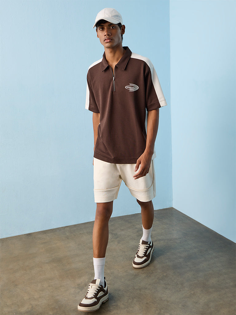 Nuoflexx Brown Text-Detail Relaxed-Fit Cotton-Blend T-Shirt