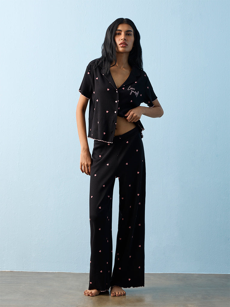 Superstar Black Ribbed-Textured High-Rise Cotton-Blend Pants