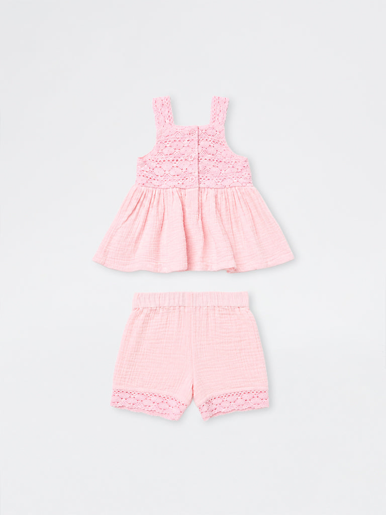 HOP Baby Girls Pink Crochet Embroidered Cotton Top and Shorts Set