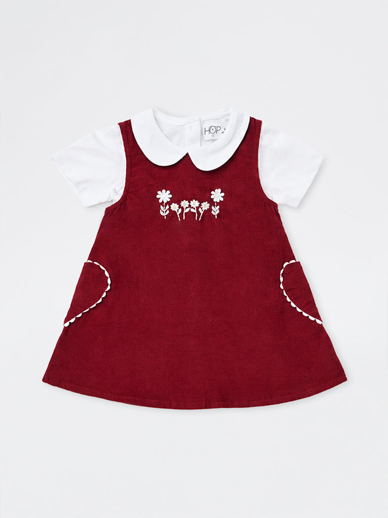 HOP Baby Girls Red Floral Embroidered Cotton Pinafore with Shirt Set