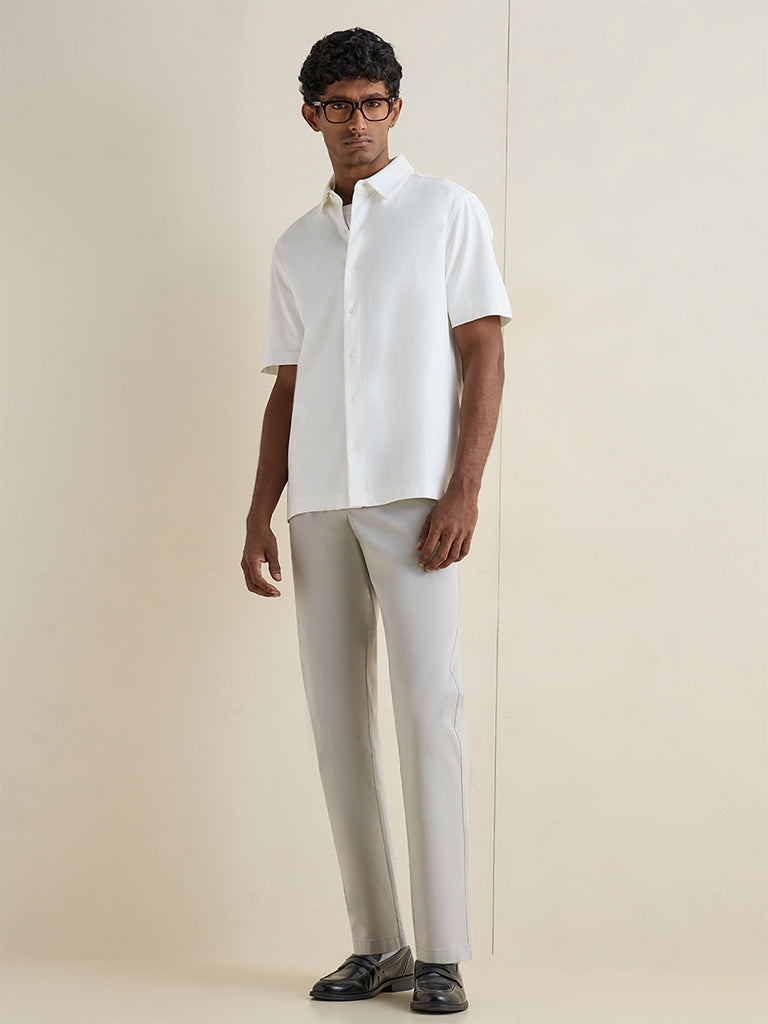 Ascot Grey Relaxed-Fit Mid-Rise Cotton-Blend Trousers