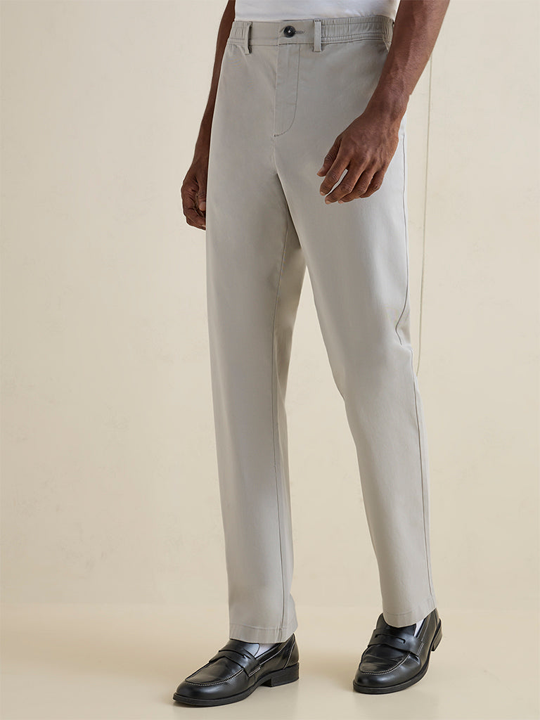 Ascot Grey Relaxed-Fit Mid-Rise Cotton-Blend Trousers