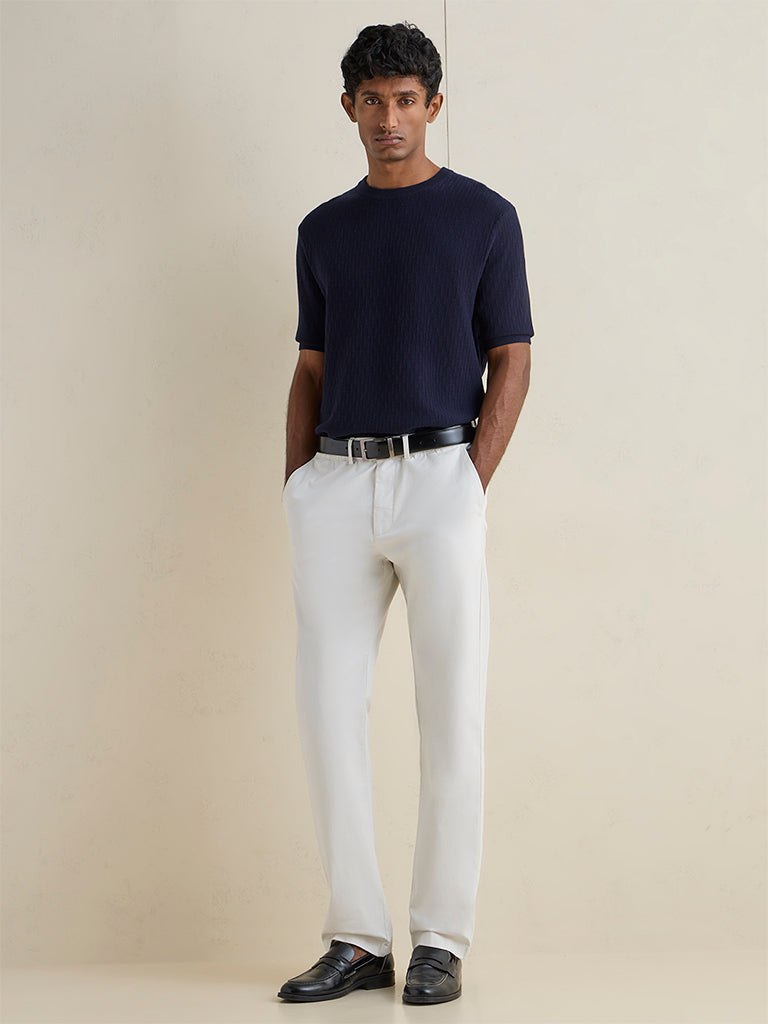 Ascot Off-White Cotton-Blend Relaxed-Fit Mid-Rise Trousers