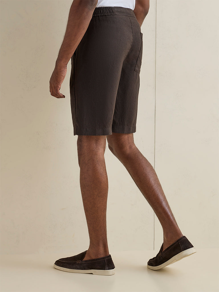 Ascot Dark Brown Relaxed-Fit Mid-Rise Linen Shorts