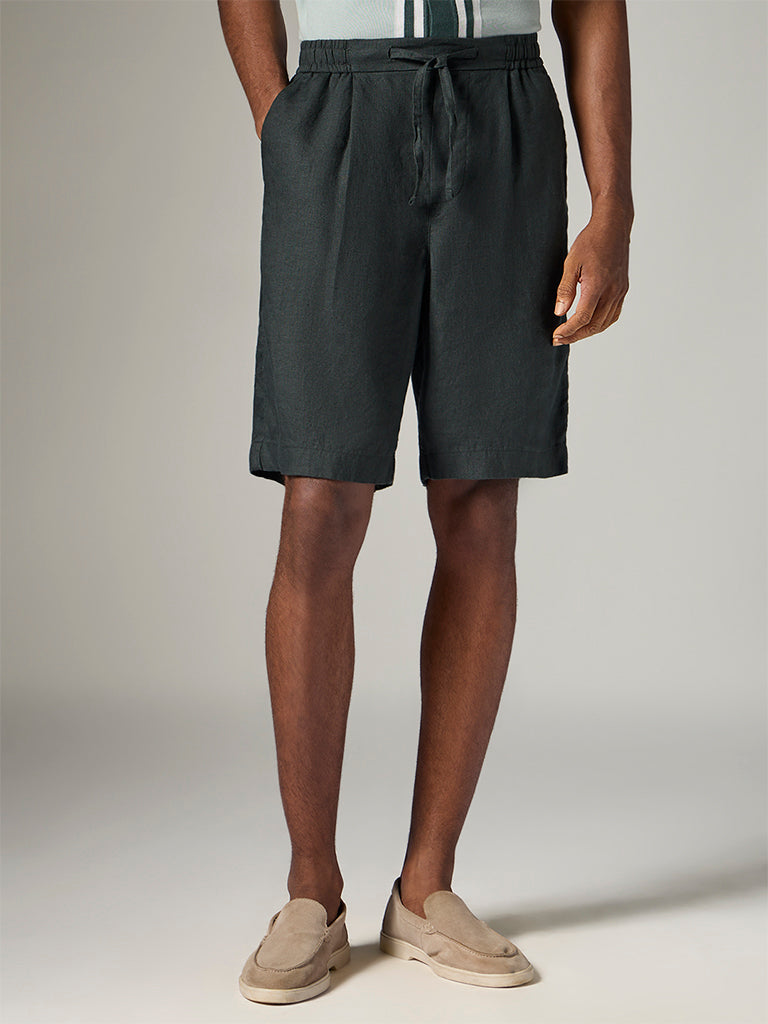 Ascot Dark Green Relaxed-Fit Mid-Rise Linen Shorts