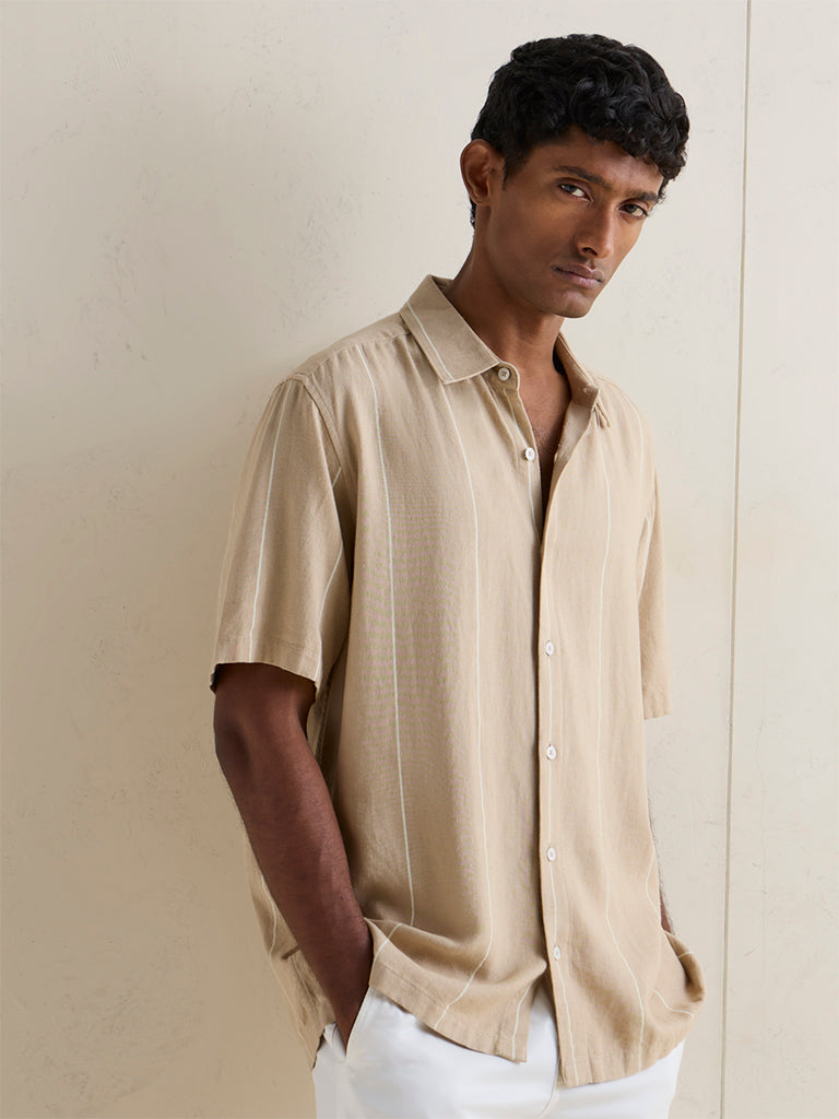 Ascot Beige Striped Relaxed-Fit Linen-Blend Shirt