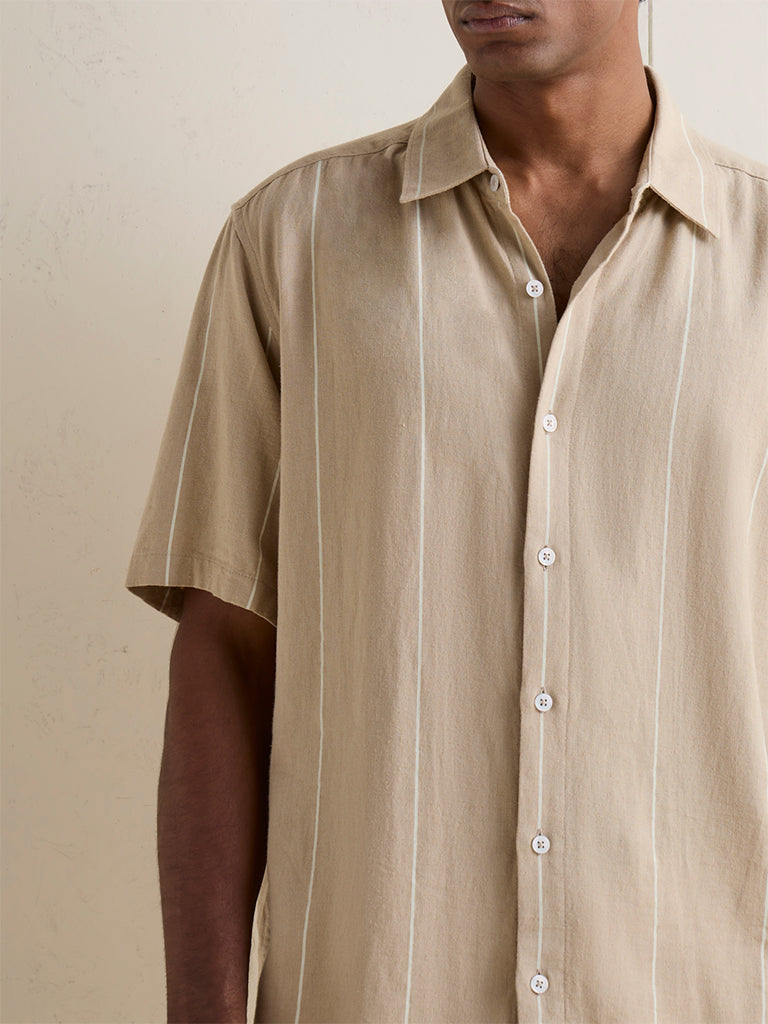Ascot Beige Striped Relaxed-Fit Linen-Blend Shirt