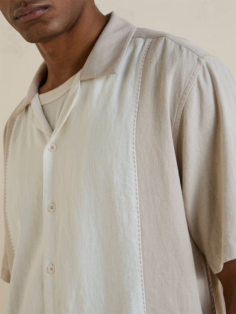 Ascot Beige Colour-Blocked Relaxed-Fit Linen Shirt