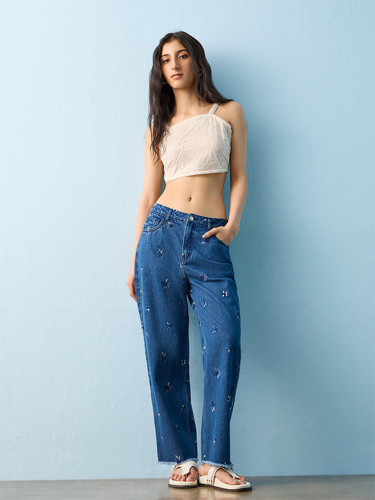 Bombay Paisley Blue Floral Embroidered High-Rise Jeans