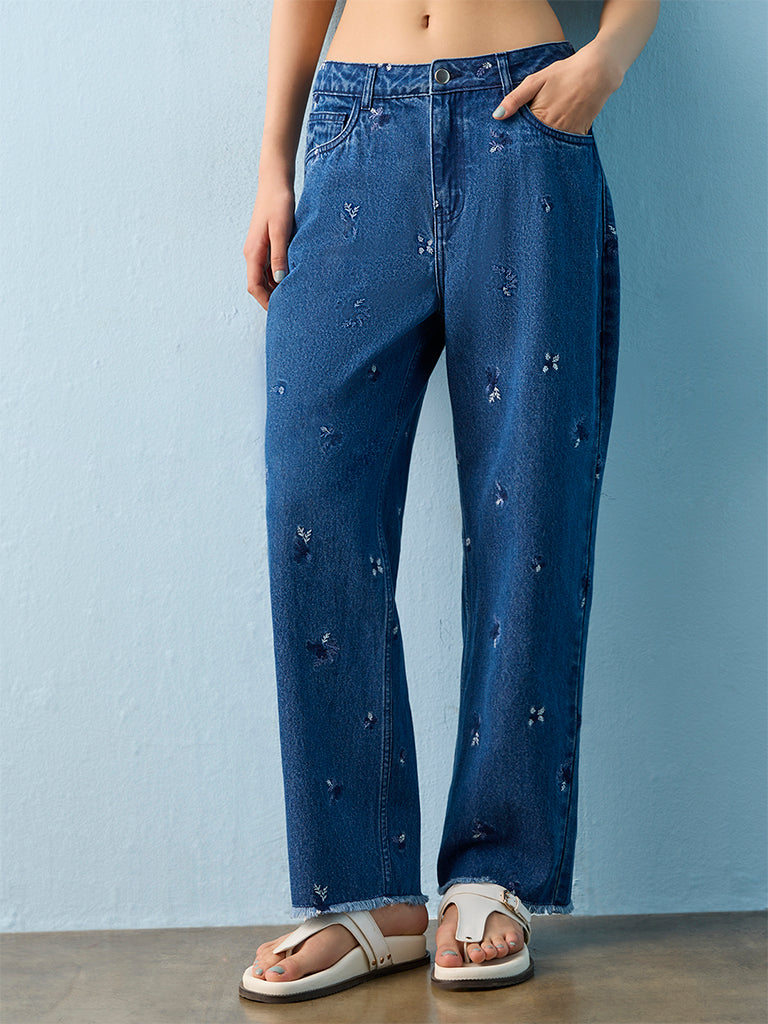 Bombay Paisley Blue Floral Embroidered High-Rise Jeans