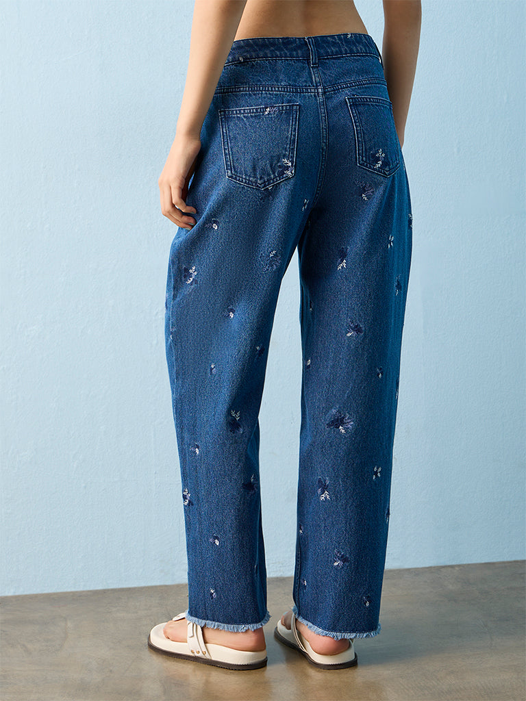 Bombay Paisley Blue Floral Embroidered High-Rise Jeans