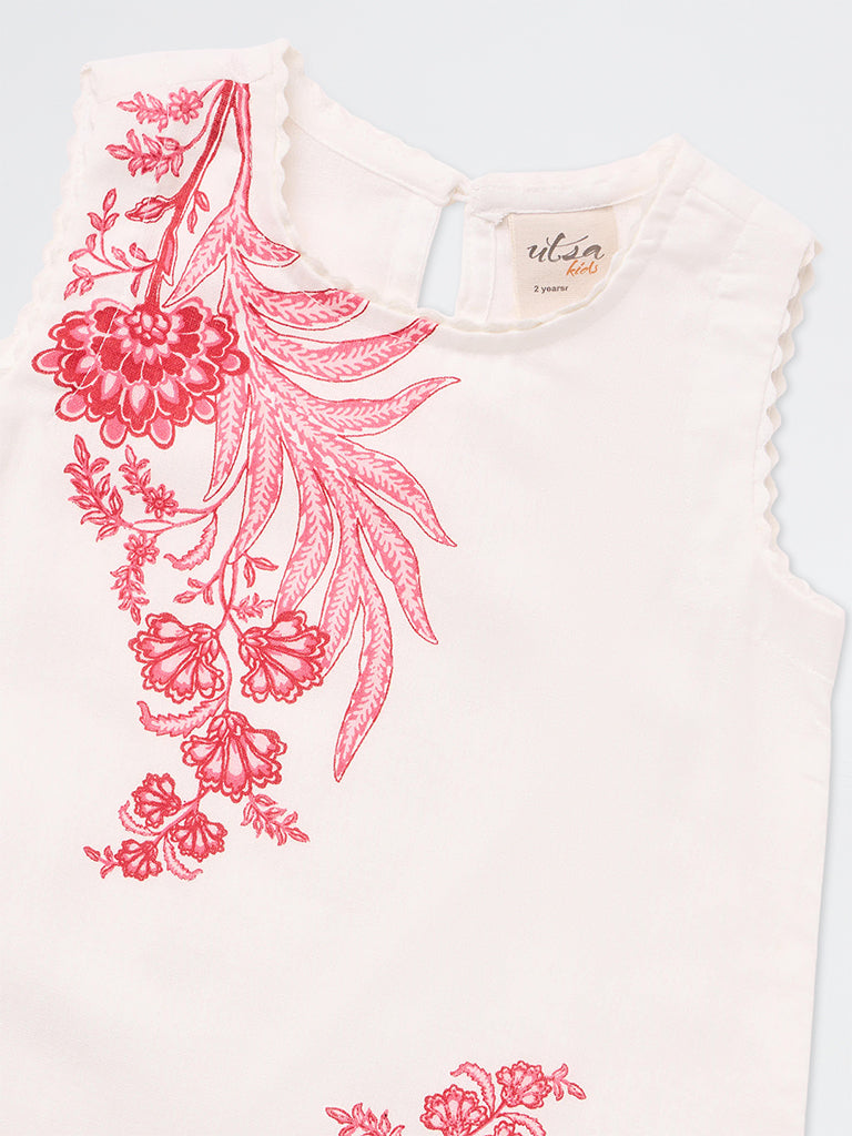 Utsa Kids Girls White Floral Printed Cotton-Blend Shift Dress - (2-8 yrs)