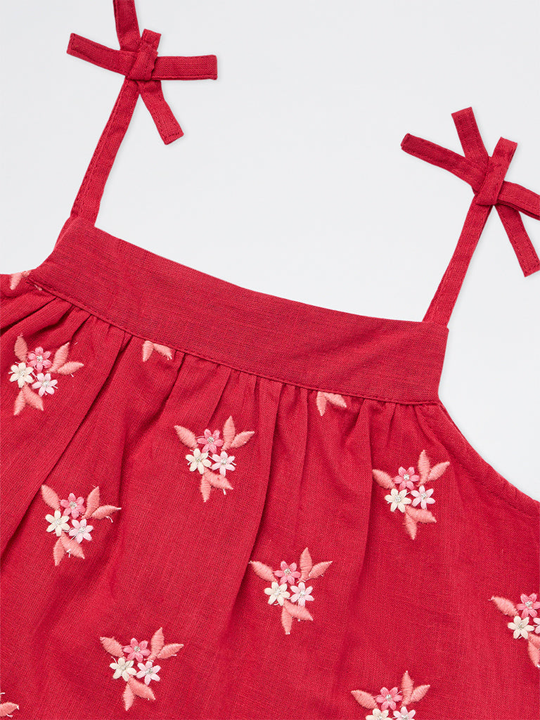 Utsa Kids Girls Red Floral Embroidered Cotton Top - (2-8 yrs)