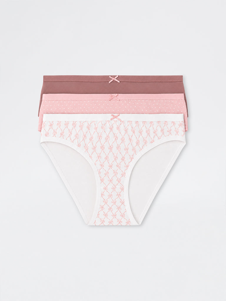 Wunderlove Pink Polka Dot Printed Cotton-Blend Bikini Briefs - Pack of 3