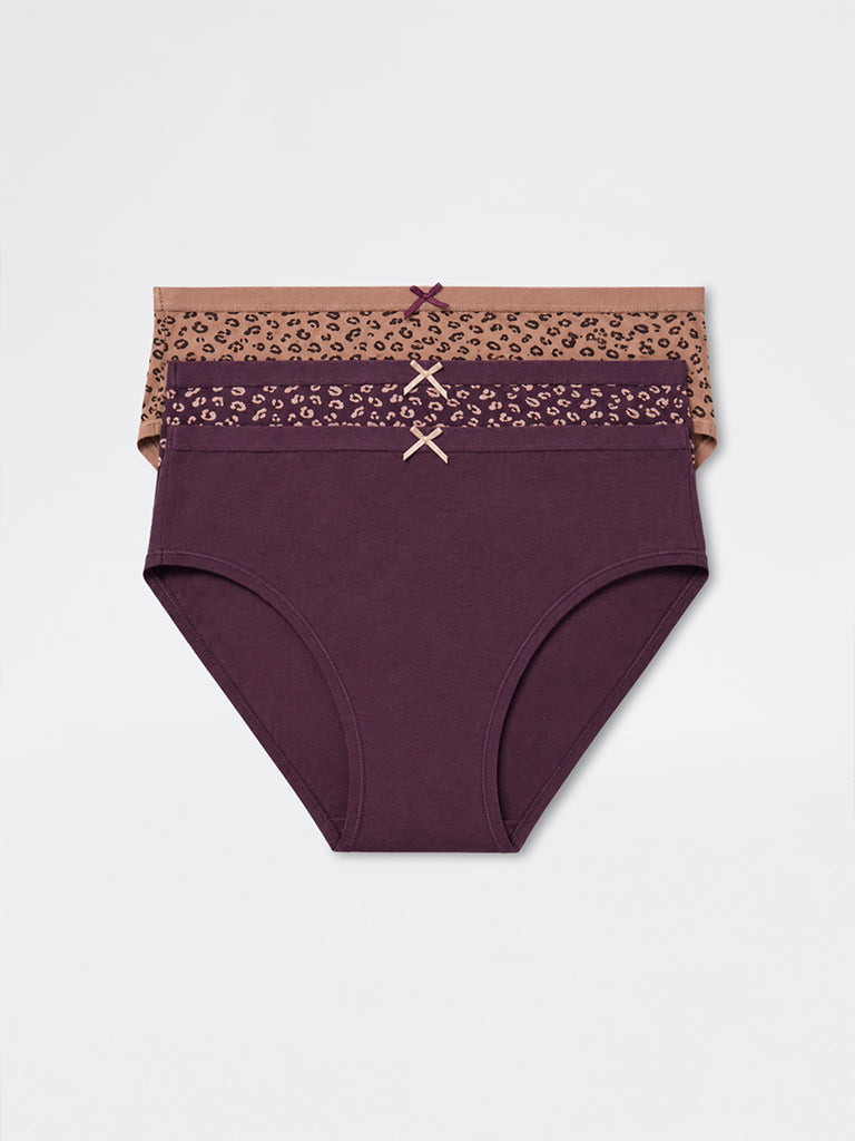 Wunderlove Light Brown Animal Printed Cotton-Blend Hi-Leg Briefs - Pack of 3