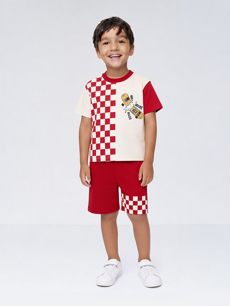 HOP Kids Boys Red Checkered Cotton T-Shirt and Shorts Set
