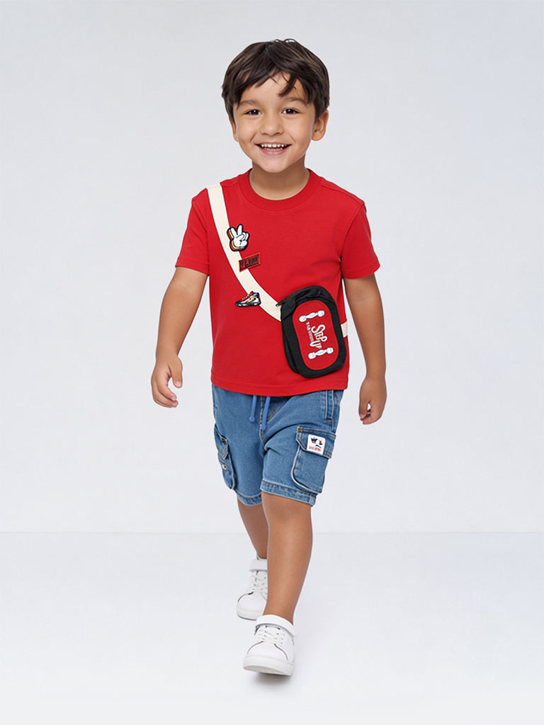 HOP Kids Boys Red Pouch Detailed Cotton T-Shirt