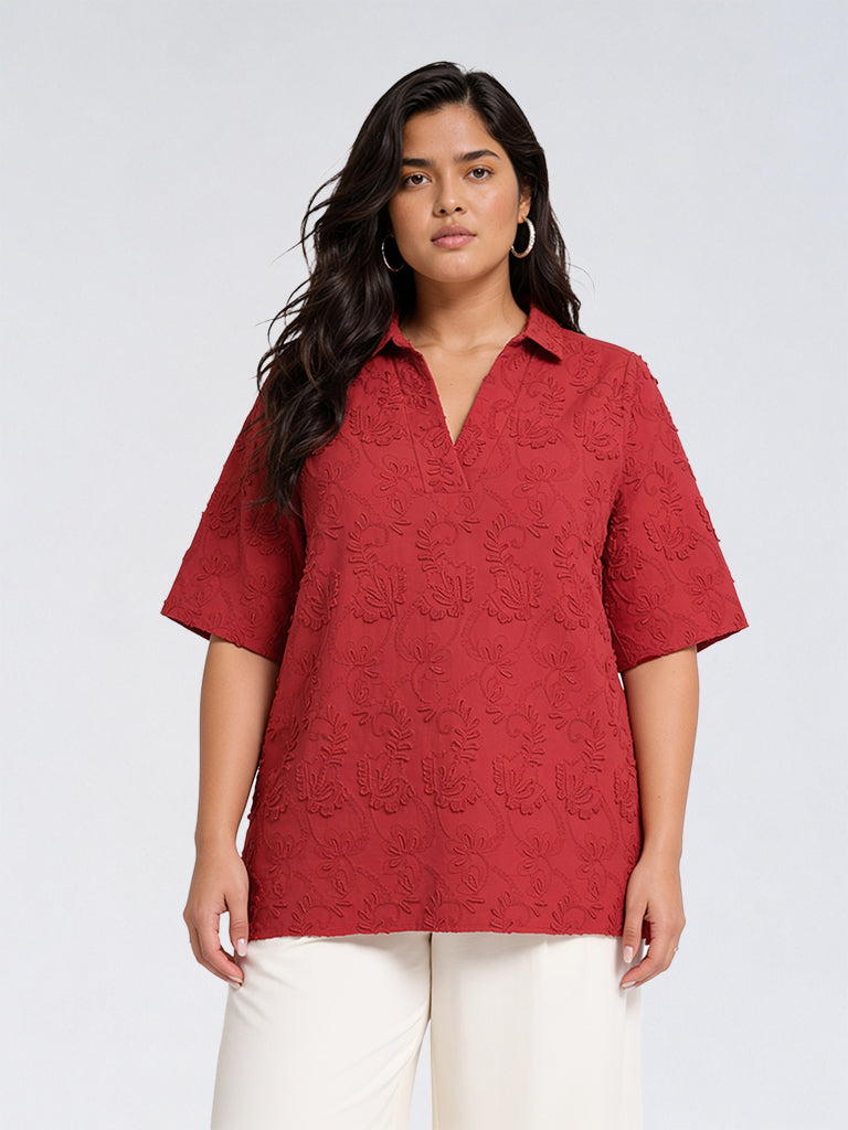 Diza Red Floral Embroidered High-Low Cotton Tunic