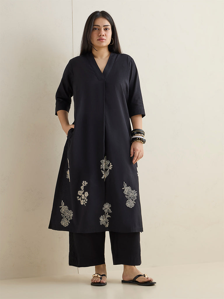 Diza Black Embroidered Cotton-Blend A-Line Kurta