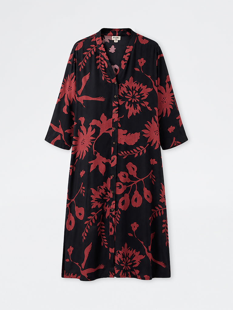 Diza Black Botanical Design A-Line Kurta
