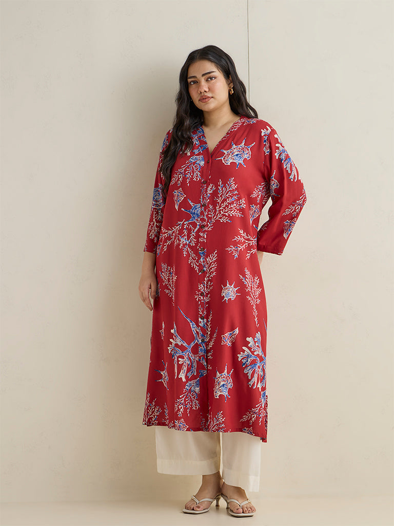Diza Red Floral Printed A-Line Kurta