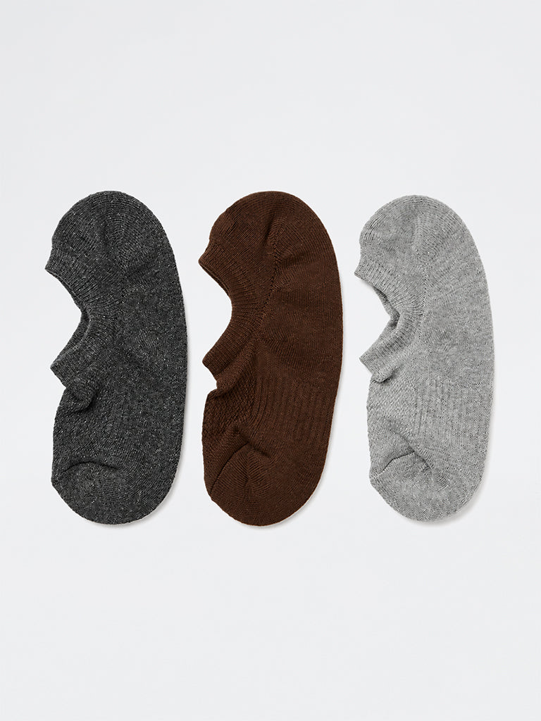 WES Lounge Grey Solid Cotton-Blend Sneaker Socks - Pack of 3