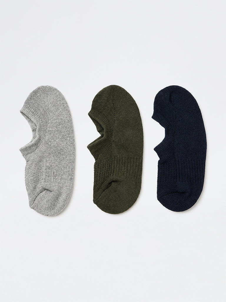 WES Lounge Olive Solid Cotton-Blend Sneaker Socks - Pack of 3