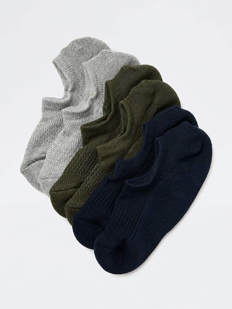 WES Lounge Olive Solid Cotton-Blend Sneaker Socks - Pack of 3