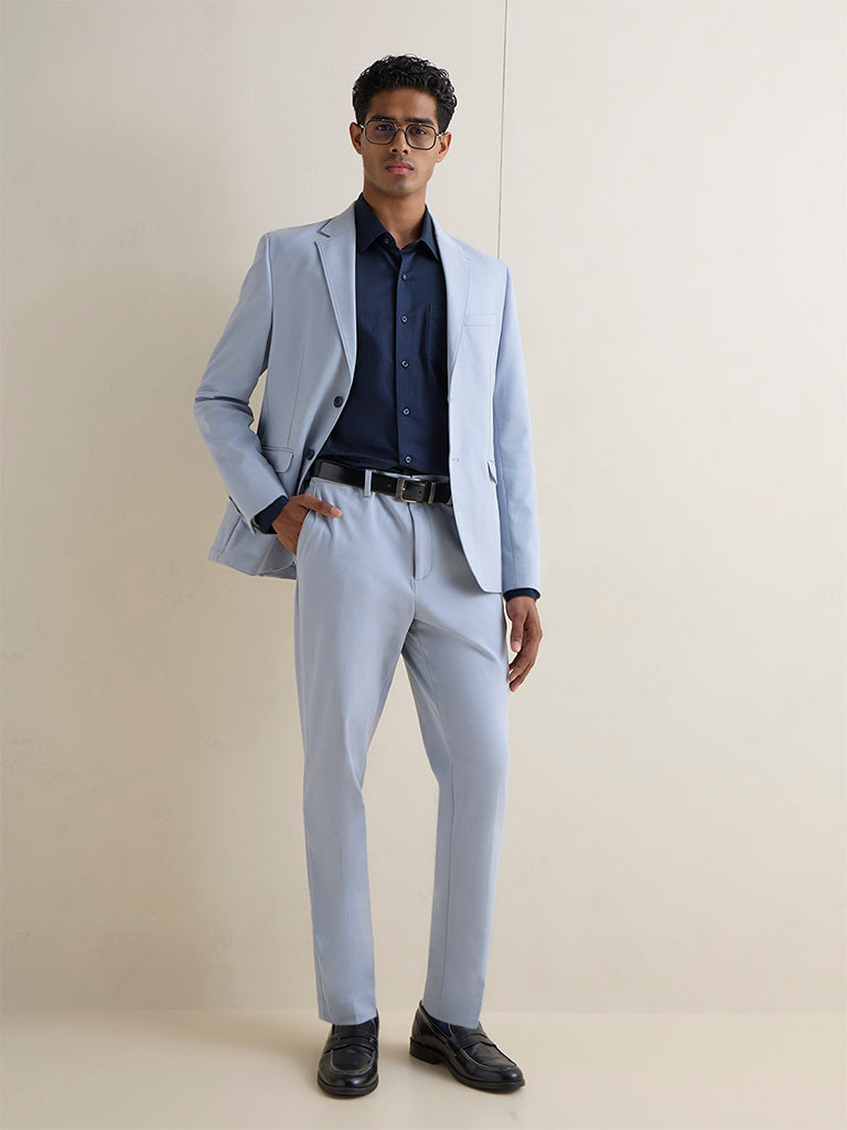 WES Formals Light Blue Slim-Fit Mid-Rise Trousers