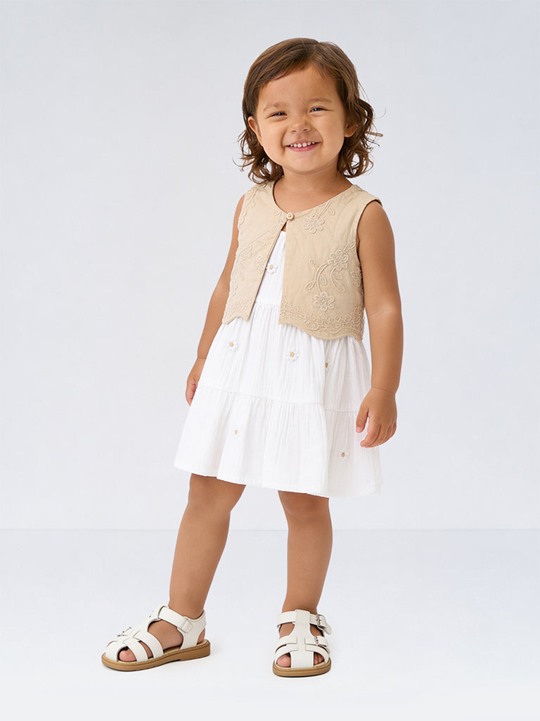 HOP Baby Girls White Floral Embroidered Cotton Tiered Dress with Waistcoat