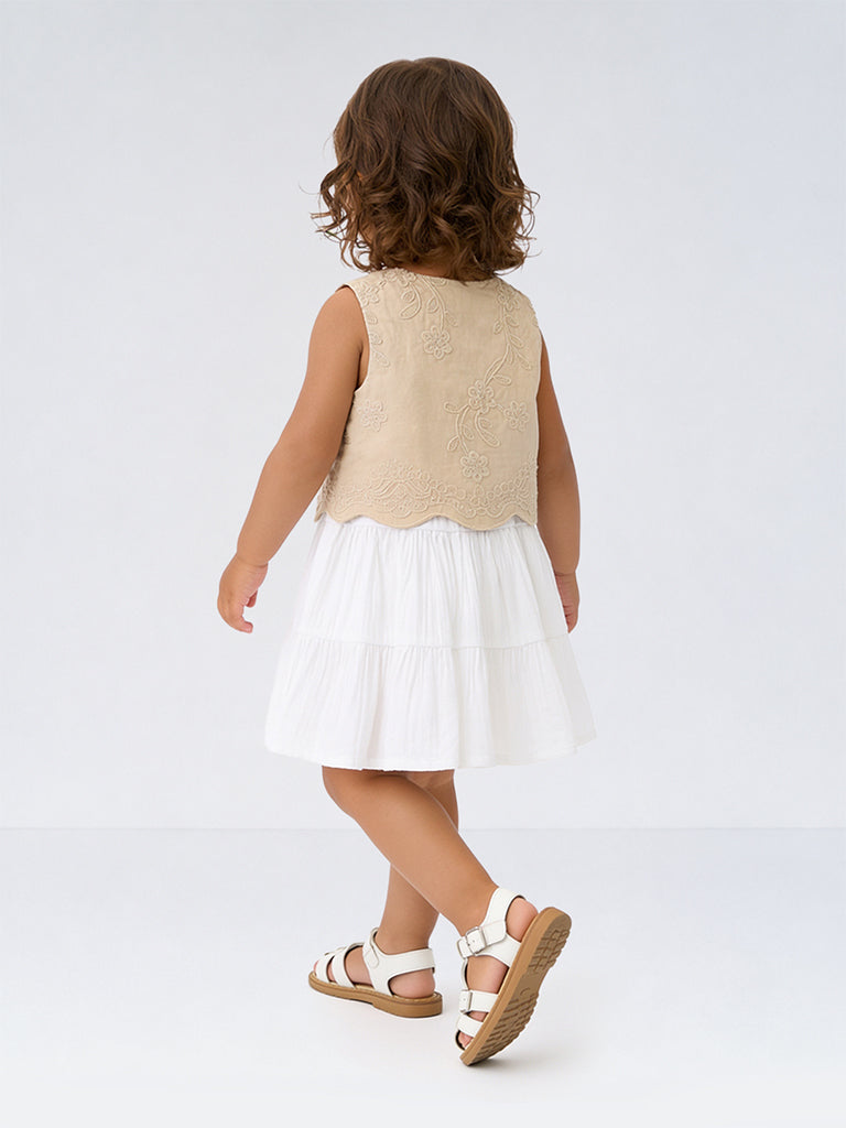 HOP Baby Girls White Floral Embroidered Cotton Tiered Dress with Waistcoat