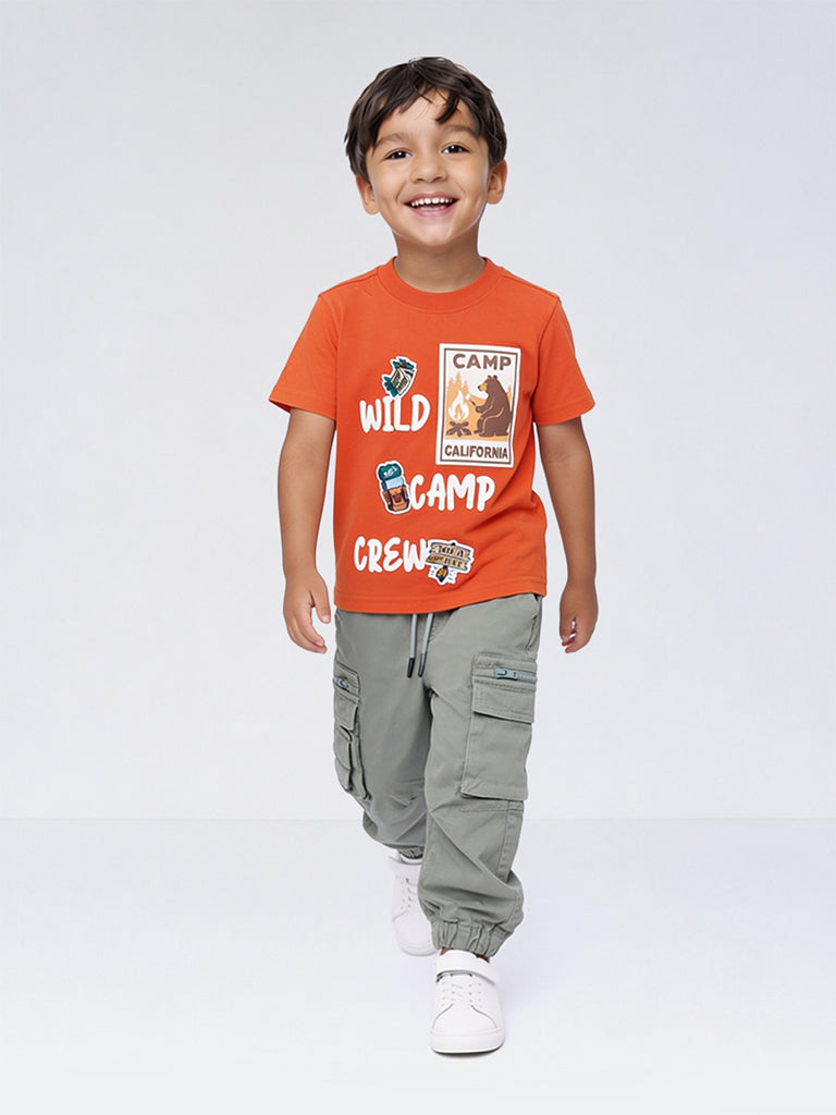 HOP Kids Boys Dark Orange Camping-Inspired Cotton T-Shirt