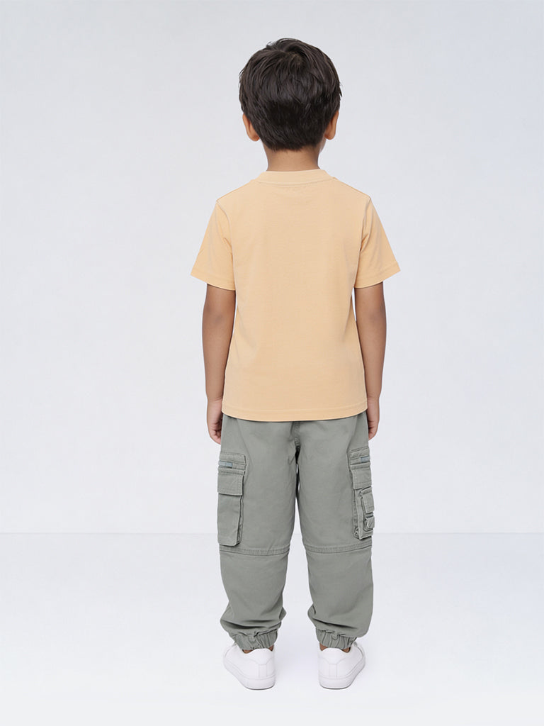 HOP Kids Boys Beige Typographic Cotton T-Shirt