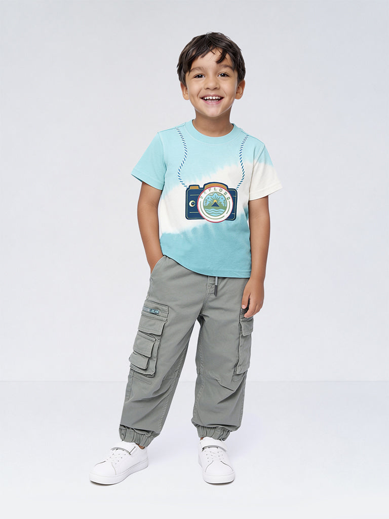 HOP Kids Boys Teal Tie-Dye Printed Cotton T-Shirt