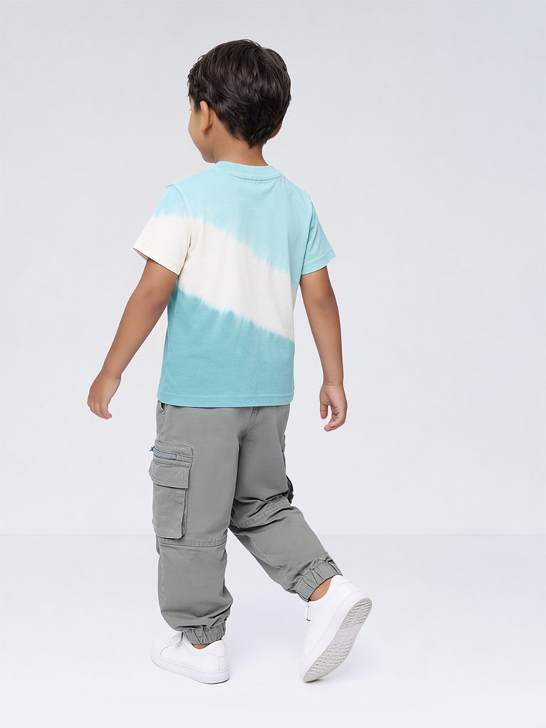 HOP Kids Boys Teal Tie-Dye Printed Cotton T-Shirt